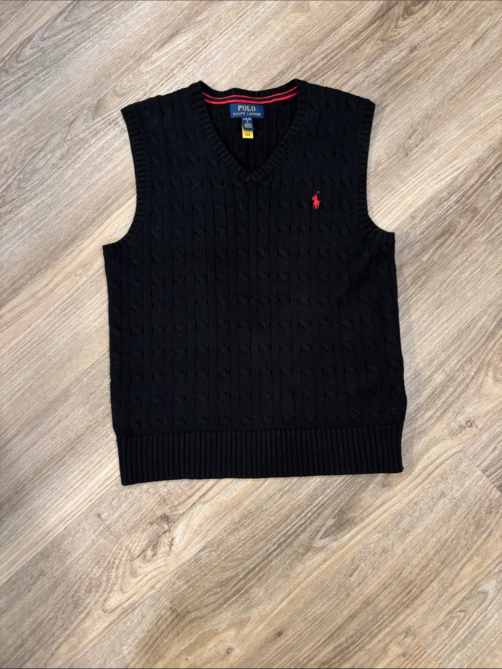 Polo by Ralph Lauren Black Cable Knit V-Neck Sweater Vest with Red Pony